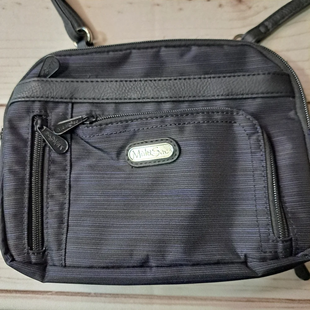 Multisac Black And Blue Pin Stripe Crossbody Purse Lots Of Pockets